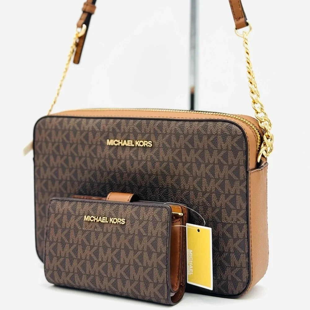 Michael Kors LG EW Crossbody Bag & Zip Chain Bifold Wallet Matching Set Brown